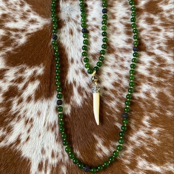 Jade with Lava Beads and bone charm Necklace - Picture 11 of 13